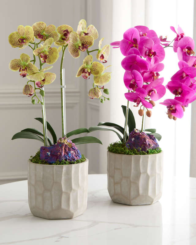 Double Orchid with Peacock Ore 22" Faux Floral Arrangement in Concrete Pot